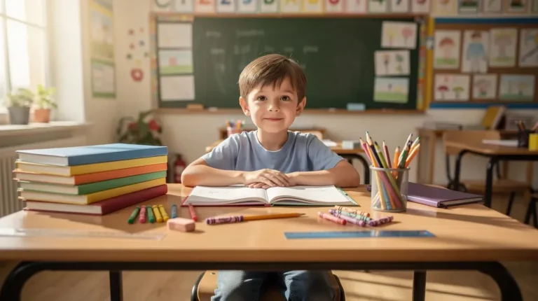 Smiling boy sitting at a classroom desk with books and pencils