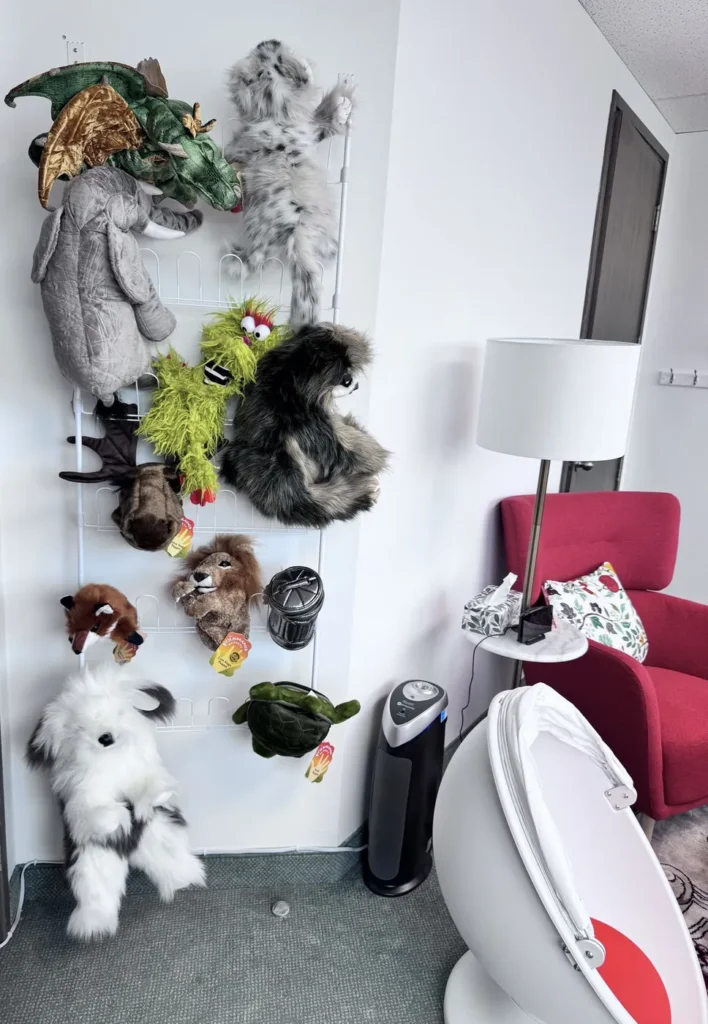 Plush animal wall and cozy seating in a child and teen therapy room in Vaughan